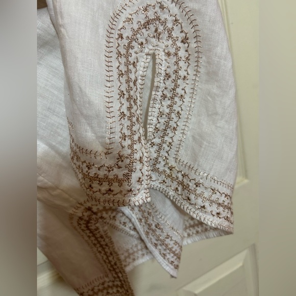 ST. TROPEZ west linen blouse with metallic rose gold embroidered L - Picture 7 of 8